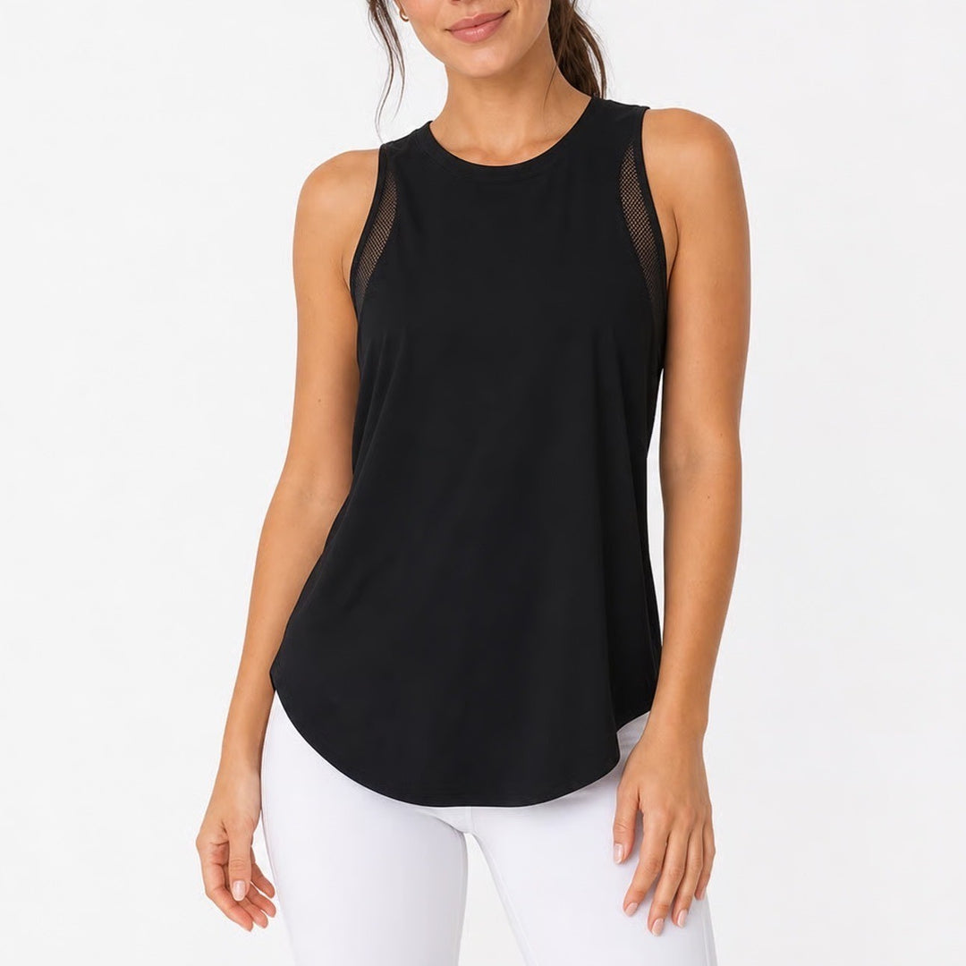 Old Navy Active Go-Dry Black Mesh Trim Tank Top Large Crew Neck High-Low Hem