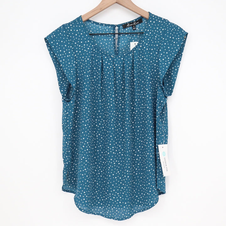 Alice Blue Blouse Women's S Teal Polka Dot Cap Sleeve Pleated Front NEW
