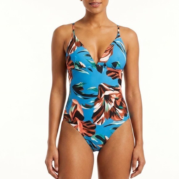 Calia Womens Tranquil Blue Floral Strappy Back One Piece Swimsuit Size 12