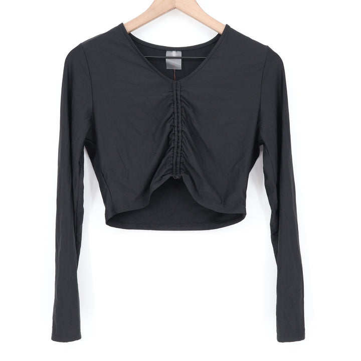 Calia Womens LS Ruched Rashguard Pure Black UPF 50+ Cropped Swim Top M