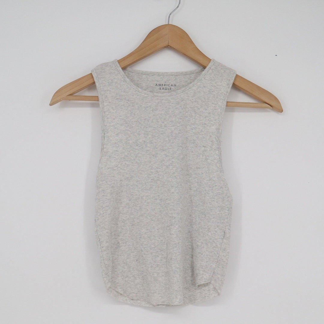 American Eagle Womens Small Gray Ribbed High Neck Tank Top Sleeveless Curved Hem