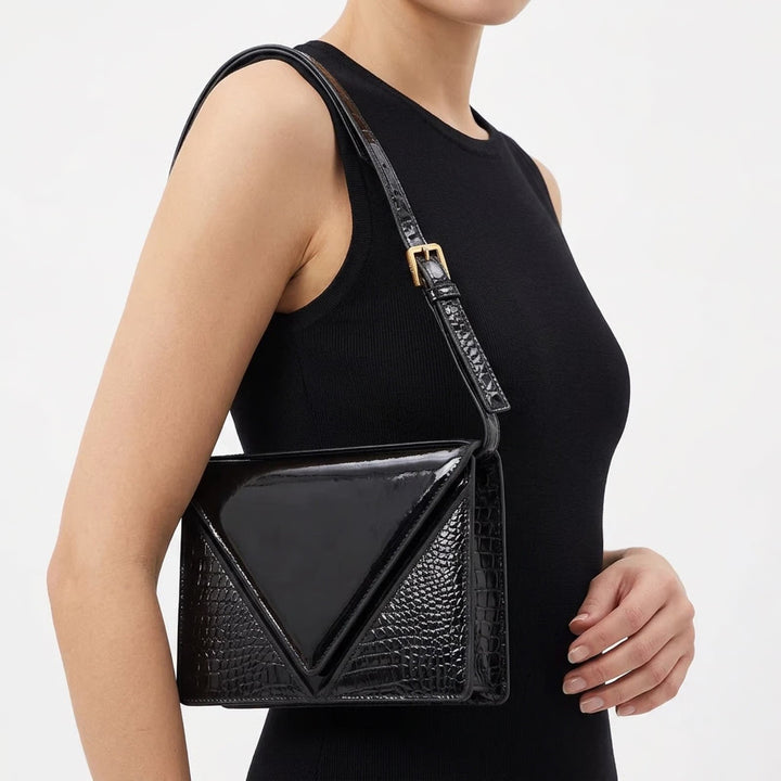 Ande Shoulder Bag Womens OS Vintage Patent Croc Embossed Black Envelope