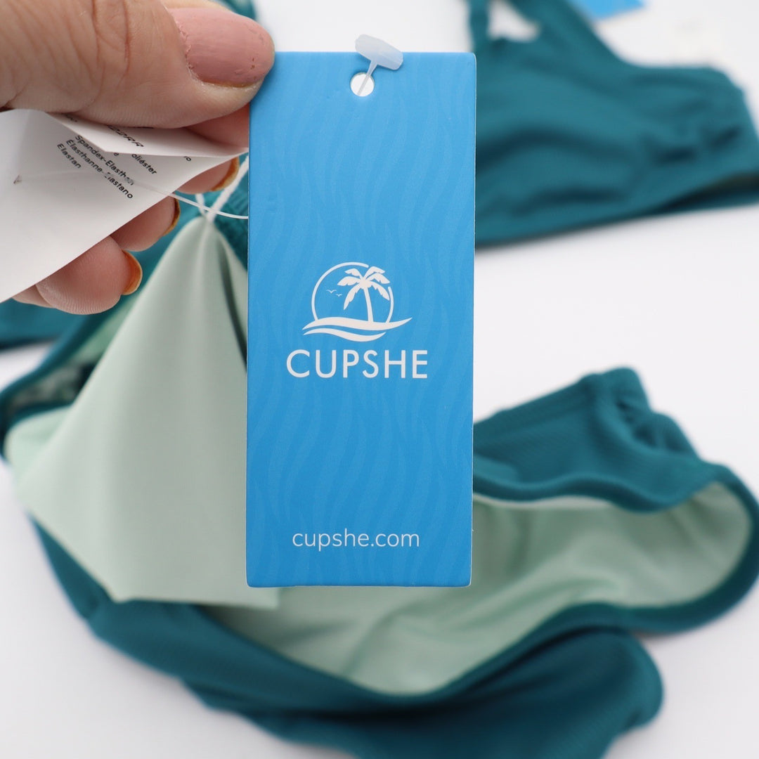 Cupshe Teal Ribbed Scalloped High Waisted Bikini Set Medium NEW
