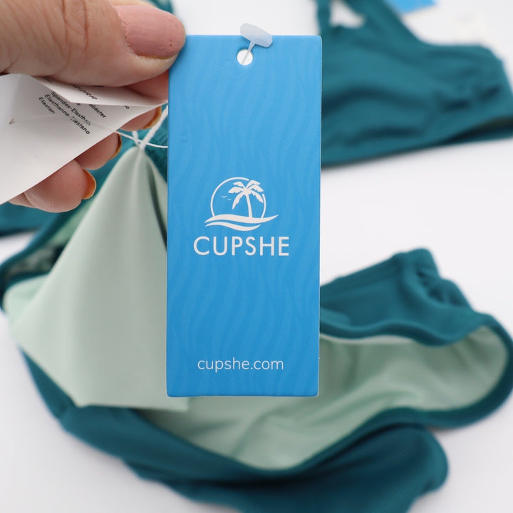 Cupshe Teal Ribbed Scalloped High Waisted Bikini Set Medium NEW