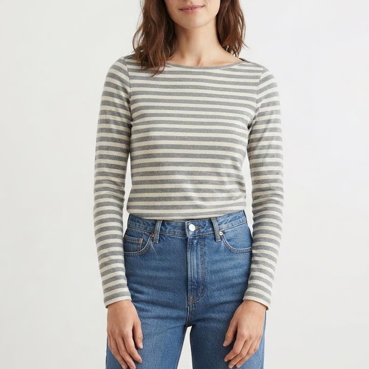 J.Crew Artist T Striped Long Sleeve Boat Neck Cotton Tee Gray White Small