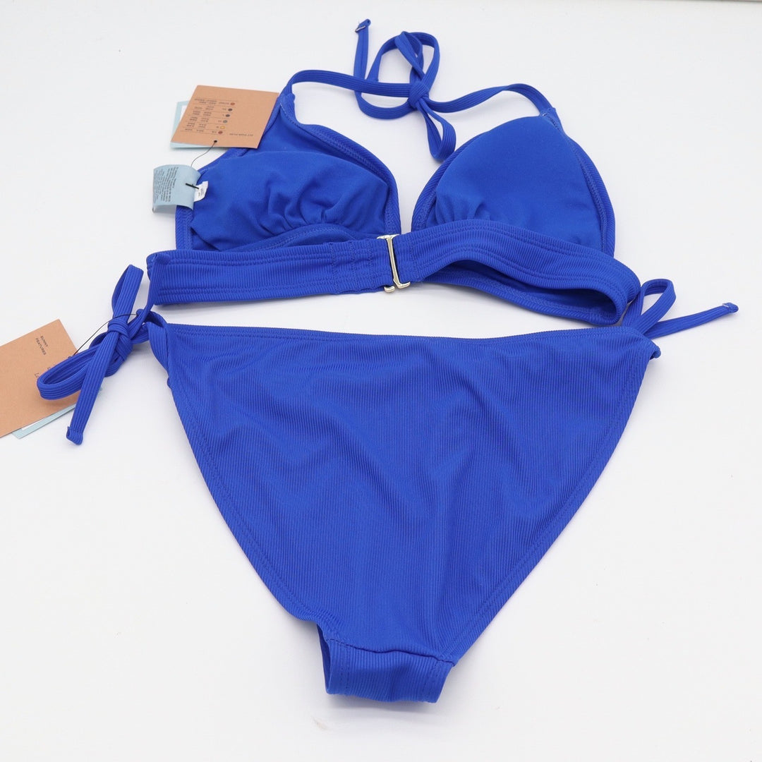Shade & Shore Bikini Set Womens S Ribbed High Leg Cheeky Blue Side Tie NEW