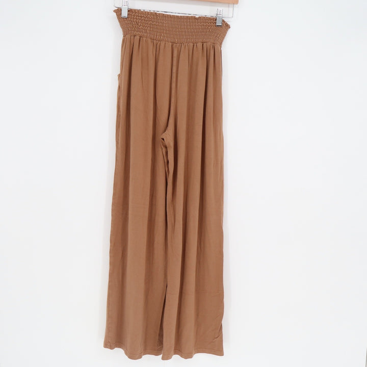 Urban Coco Womens Wide Leg Smocked Waist Pants Camel Brown Size L Relaxed Boho