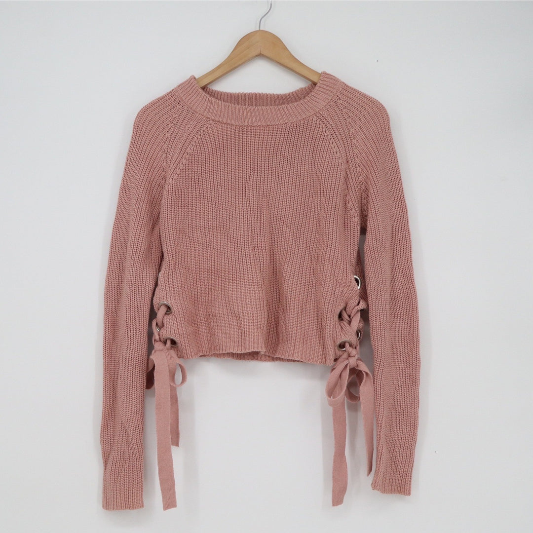 Forever 21 Dusty Rose Pink Side Lace Up Grommet Cropped Ribbed Knit Sweater S
