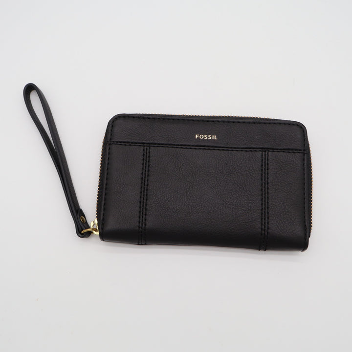 Fossil Jori RFID Womens Black Pebbled Leather Zip Around Wristlet Strap Clutch