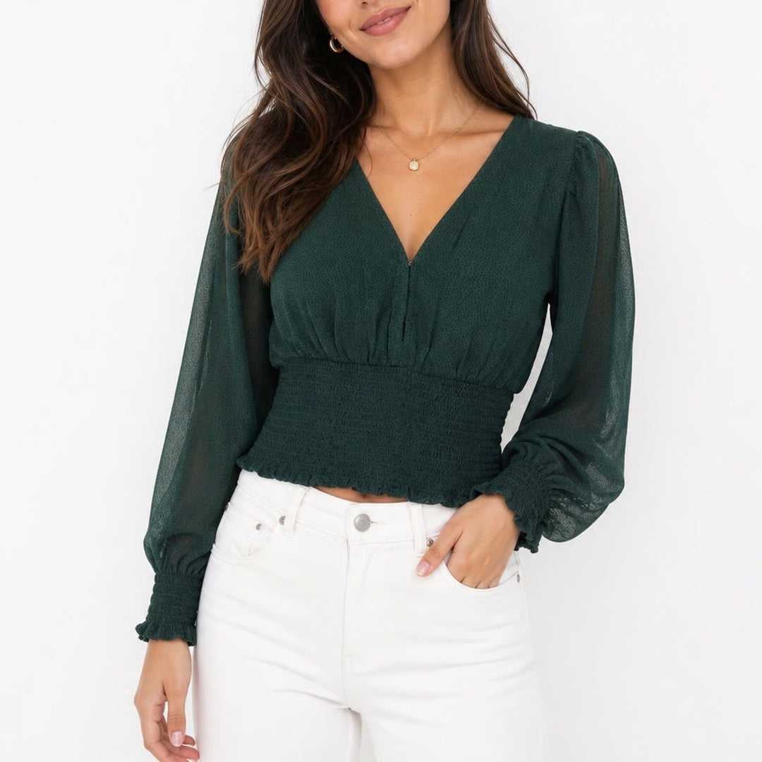 Abercrombie & Fitch Dark Green Smocked Peplum Blouse XS Long Puff Sleeve V-Neck