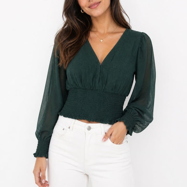 Abercrombie & Fitch Dark Green Smocked Peplum Blouse XS Long Puff Sleeve V-Neck