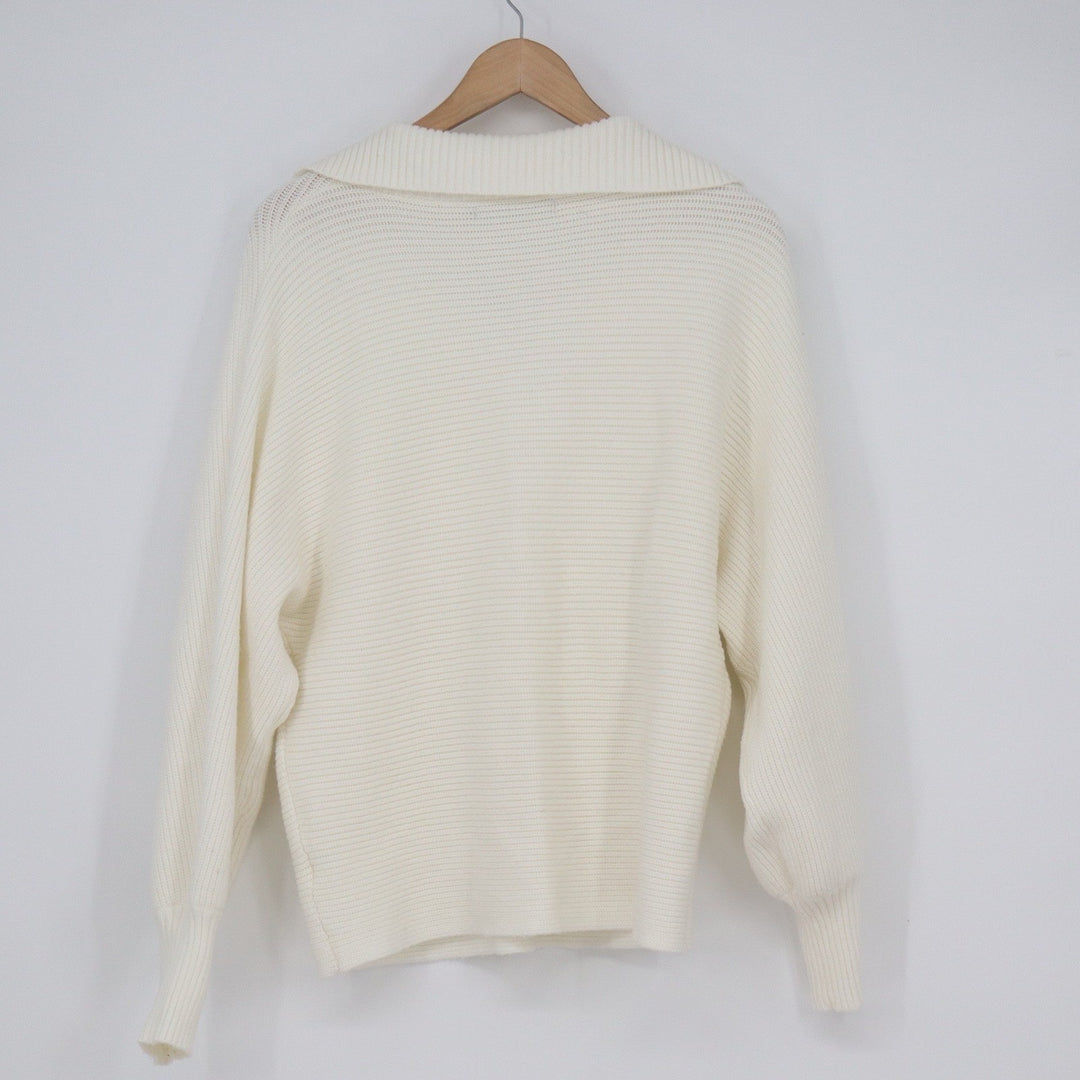 ZESICA Womens Off White Ribbed Knit Collared V-Neck Pullover Sweater Size L