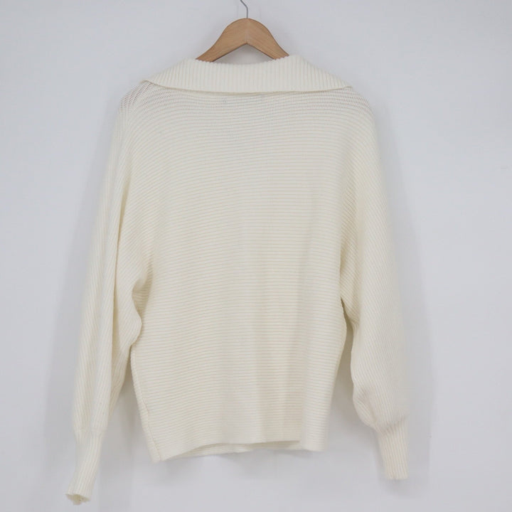 ZESICA Womens Off White Ribbed Knit Collared V-Neck Pullover Sweater Size L