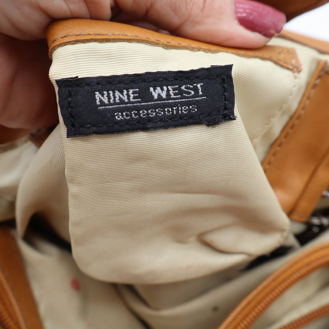 Nine West Shoulder Bag Womens Medium Tan Faux Leather Multi Pocket Satchel Good