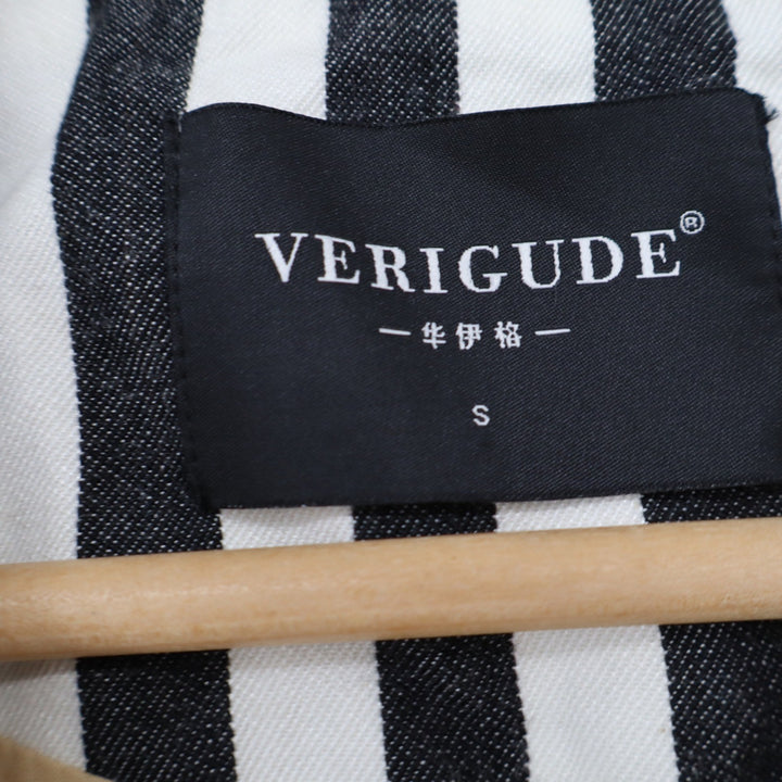Verigude Womens Black White Striped Double Breasted Blazer Jacket Small Longline