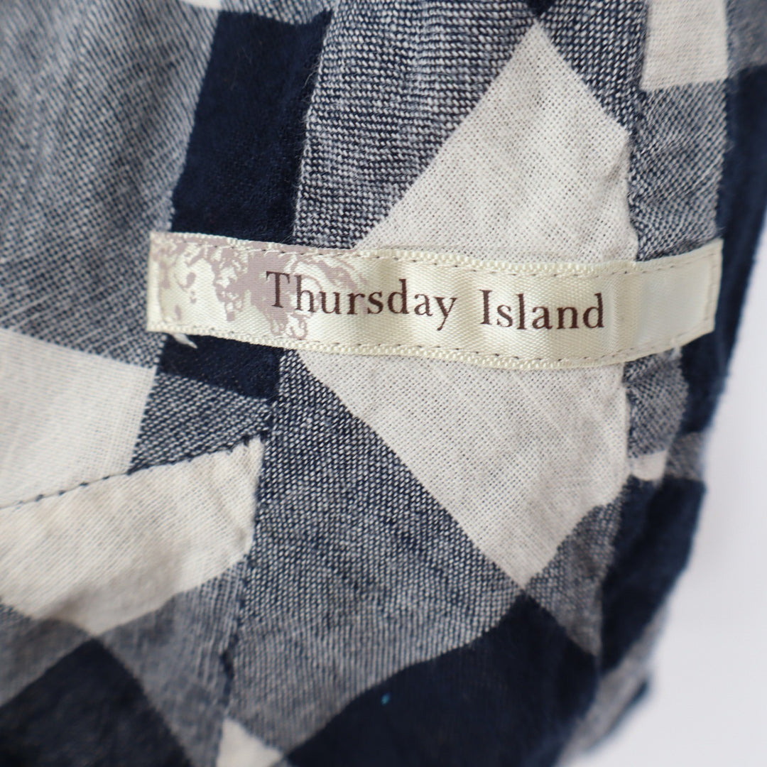 Thursday Island Navy Cream Buffalo Plaid Roll Tab Sleeve Tunic Shirt Size M