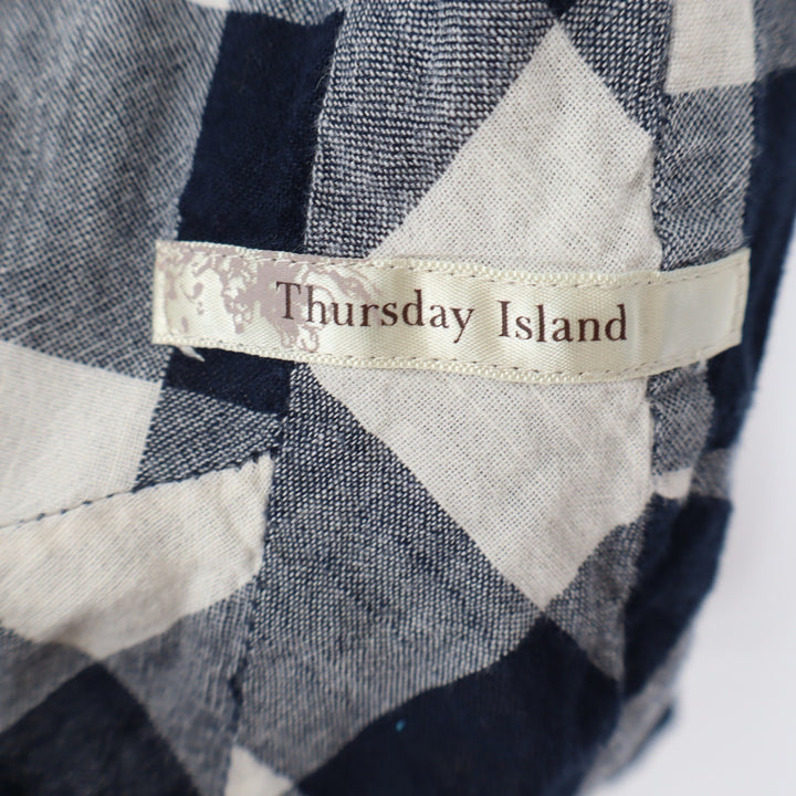 Thursday Island Navy Cream Buffalo Plaid Roll Tab Sleeve Tunic Shirt Size M