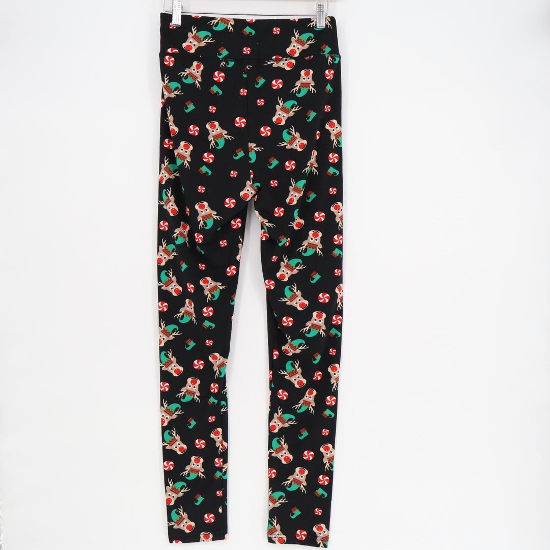 With Love Derek Holiday Leggings Women L Black Reindeer Peppermint Candy Stretch