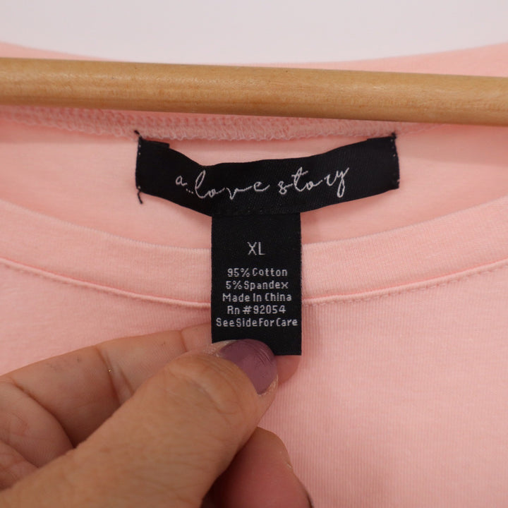 A Love Story Pink Fabulous Rhinestone Graphic Puff Sleeve Tee Shirt XL