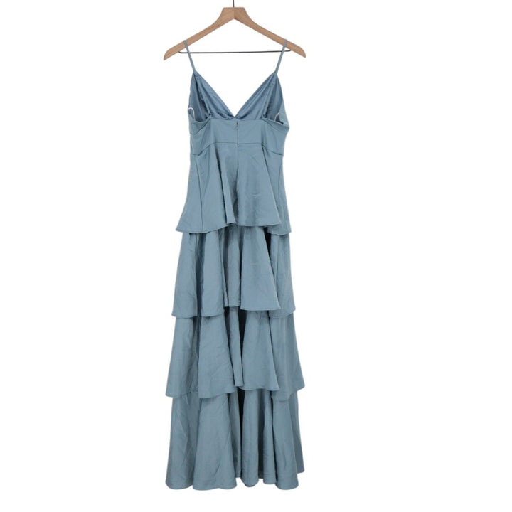 Lulus Going with Elegance Gown Dress Women Small Slate Blue Stretch Satin Tiered