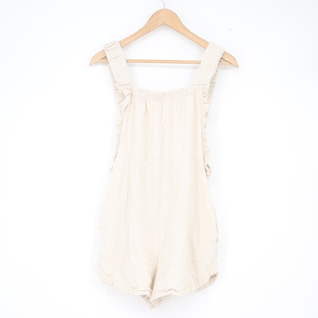 Candidly Chan Oatmeal Beige Linen Blend Ruffle Strap Romper Small