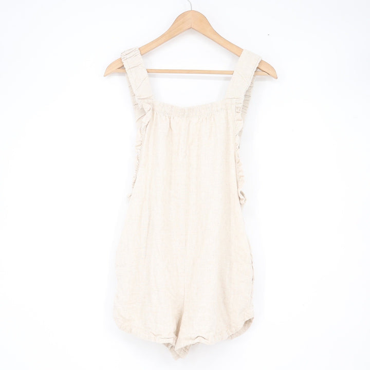 Candidly Chan Oatmeal Beige Linen Blend Ruffle Strap Romper Small