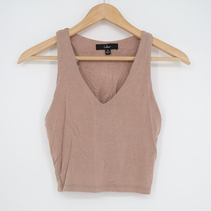 Lulus Basics Ribbed Cropped Top Women's Medium Brown Stretch V-Neck Sleeveless