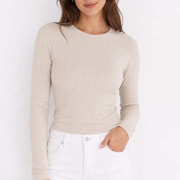 H&M Beige Ribbed Long Sleeve Crewneck Top Cotton Modal Blend Size M