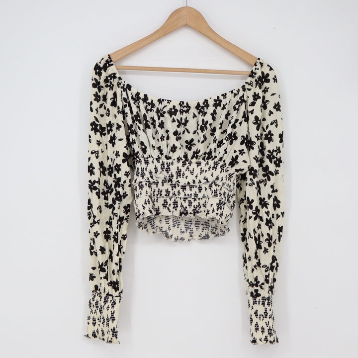 Kendall + Kylie Crop Top Womens N/A Floral Cream Black Smocked Waist Excellent