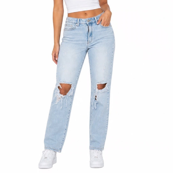 Just Black Denim JBD Distressed High Rise Straight Leg Jeans Light Wash 31