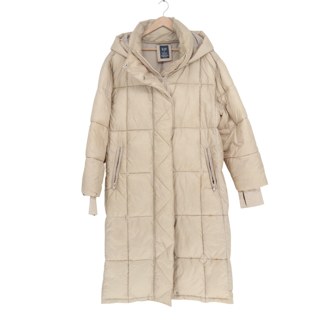 GAP Puffer Coat Womens XL Beige Full Zip Pockets Hooded Thumb Hole Long Sleeve