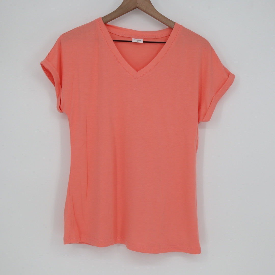 XIEERDUO Coral V Neck Cuffed Sleeve T Shirt Size S Polyester Rayon Blend