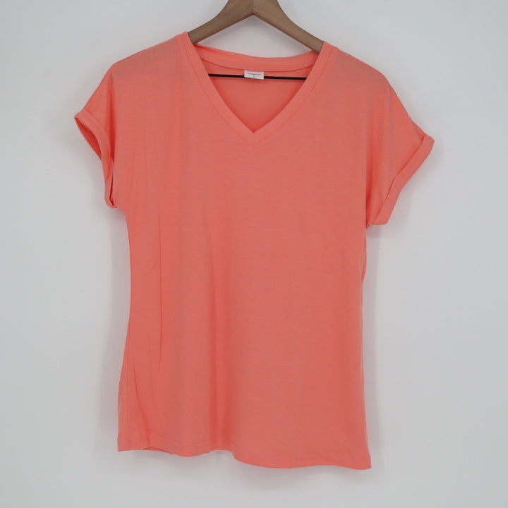 XIEERDUO Coral V Neck Cuffed Sleeve T Shirt Size S Polyester Rayon Blend