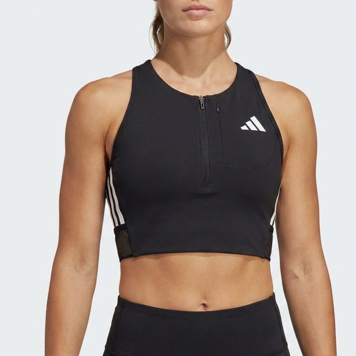 Adidas Adizero Running Carrera Crop Top Womens Large Black Quarter Zip Tank
