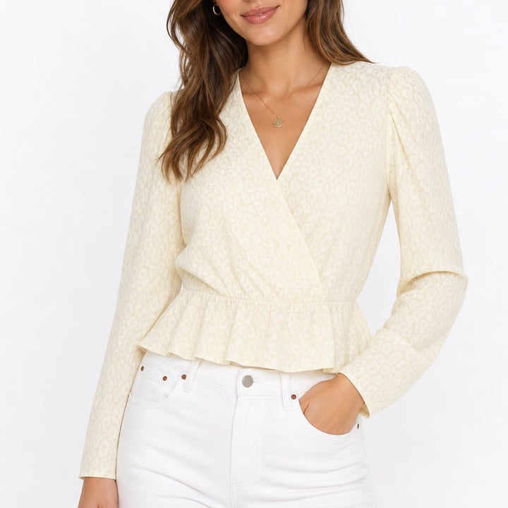 Express Cream Leopard Burnout Wrap Peplum Blouse Long Sleeve V-Neck Mens M