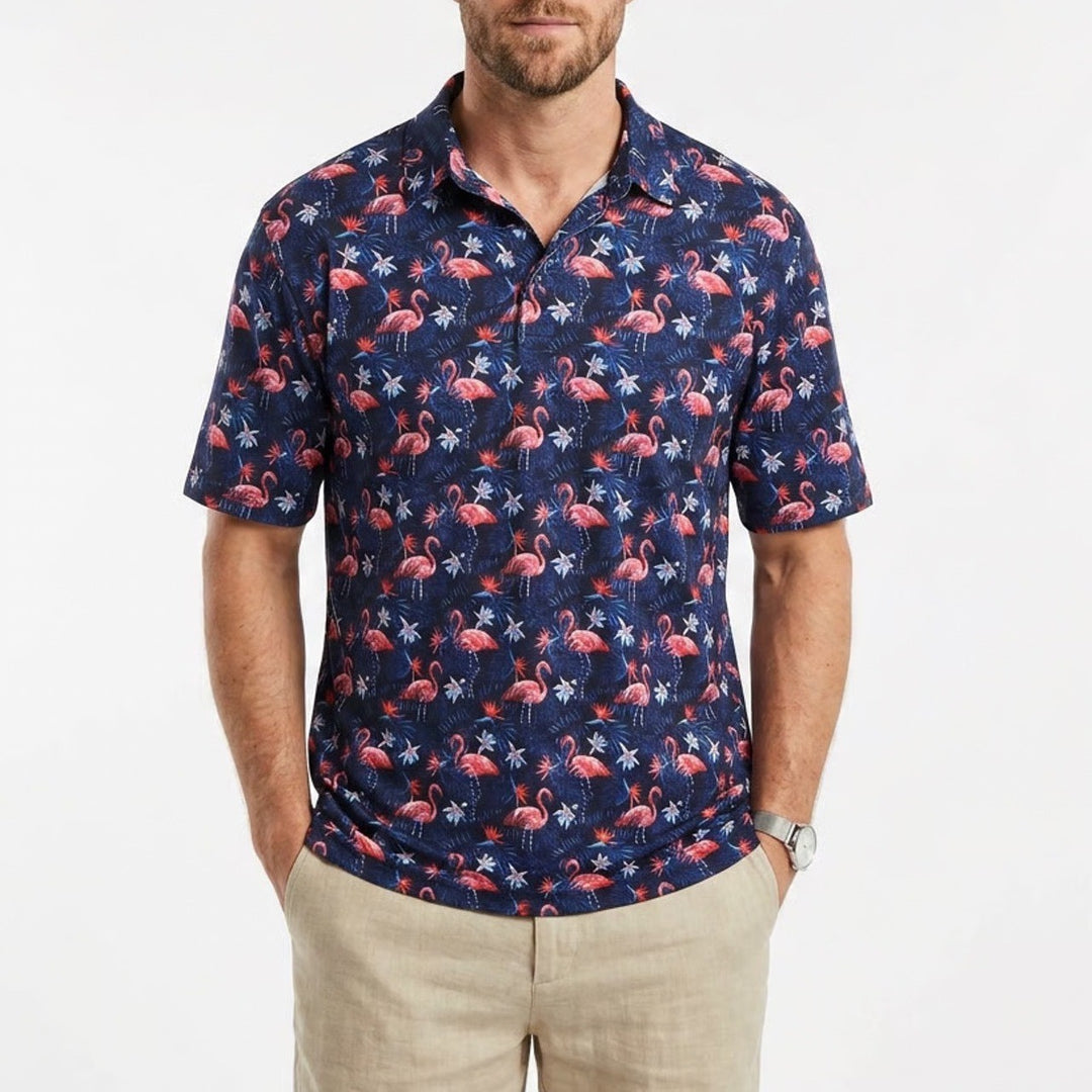 Golf Gods Polo Shirt Mens 3XL Blue Tropical Flamingo Short Sleeve Performance