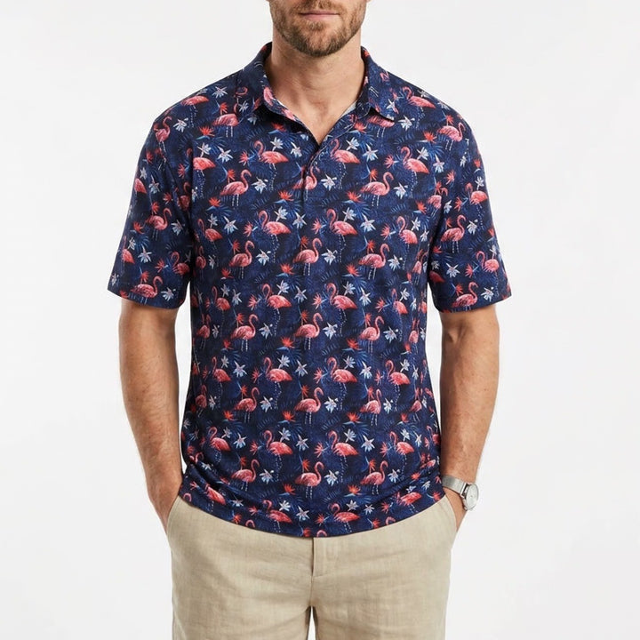 Golf Gods Polo Shirt Mens 3XL Blue Tropical Flamingo Short Sleeve Performance