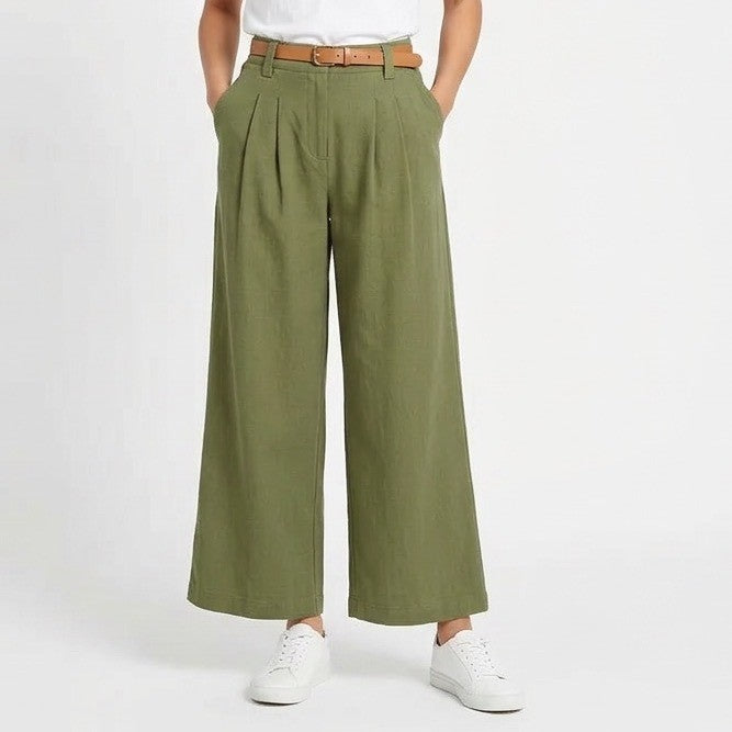 Halara Dress Pants Womens Small Petite Olive Stretch Pleated High Rise Wide Leg