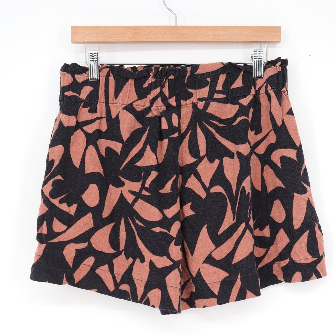 A New Day Womens Linen Blend Abstract Leaf Paperbag Waist Shorts Rust Black M