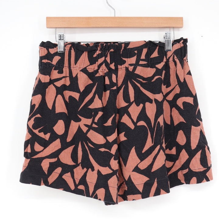 A New Day Womens Linen Blend Abstract Leaf Paperbag Waist Shorts Rust Black M