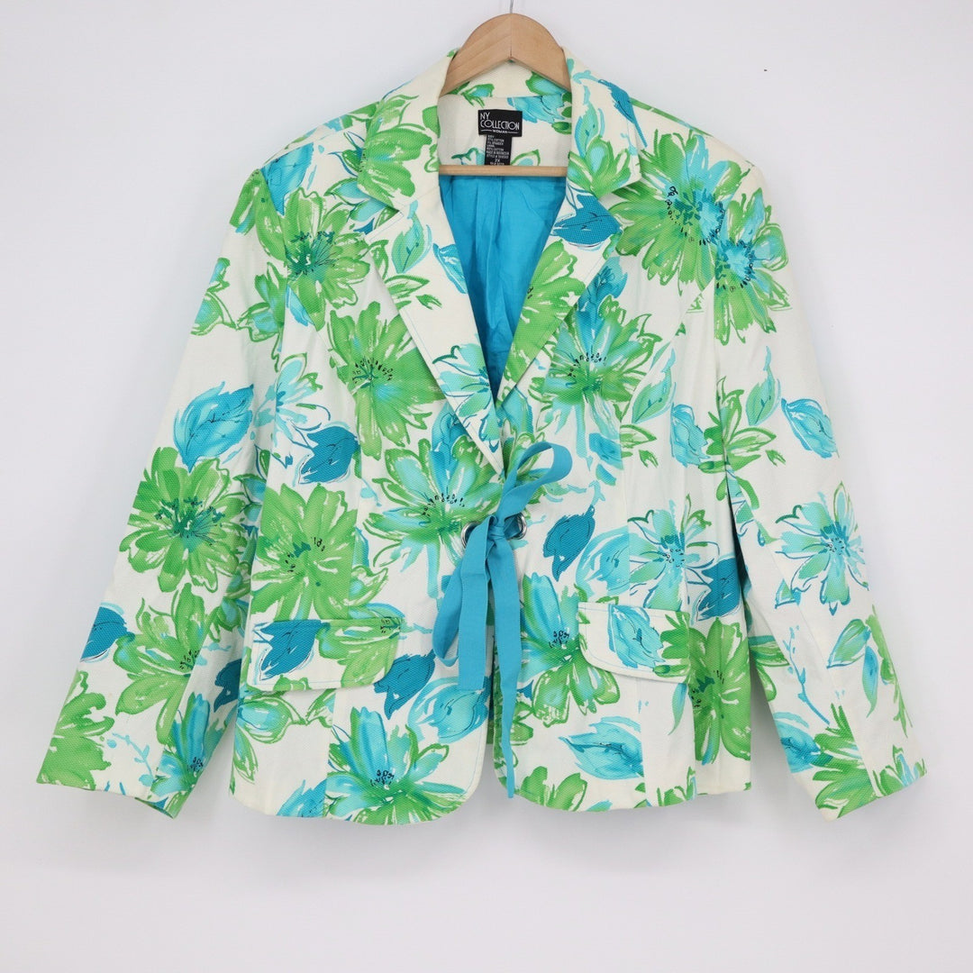 NY Collection Woman Floral Blazer Green Blue Tie Front Plus Size 2X