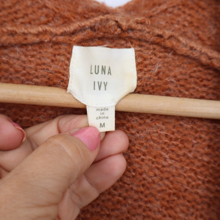 Luna Ivy Cardigan Womens M Rust Orange Open Front Longline Pockets