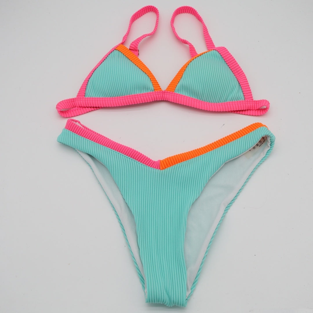 2 Piece Bikini Set Womens Small Aqua Pink Ribbed Stretch Padded Adjustable Strap