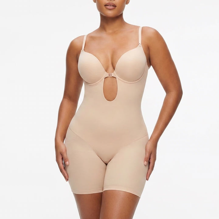 Decorus Women Beige Backless Plunge Shapewear Bodysuit XXL