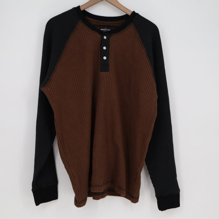 American Giant T-Shirt Mens XL Cocoa Black Colorblock Henley Neck Waffle Knit