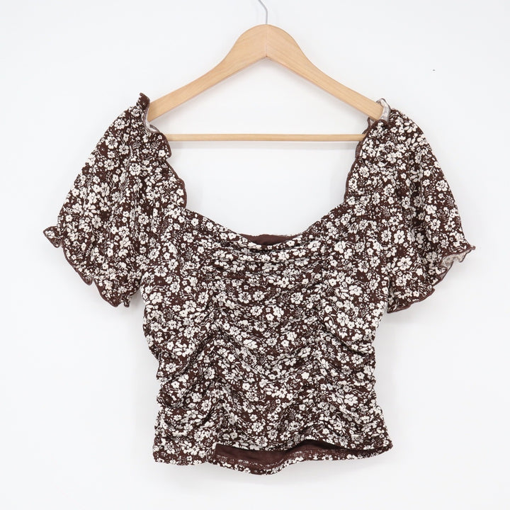 Moa Moa Top Womens XL Ruched Floral Brown Lettuce Edge Excellent