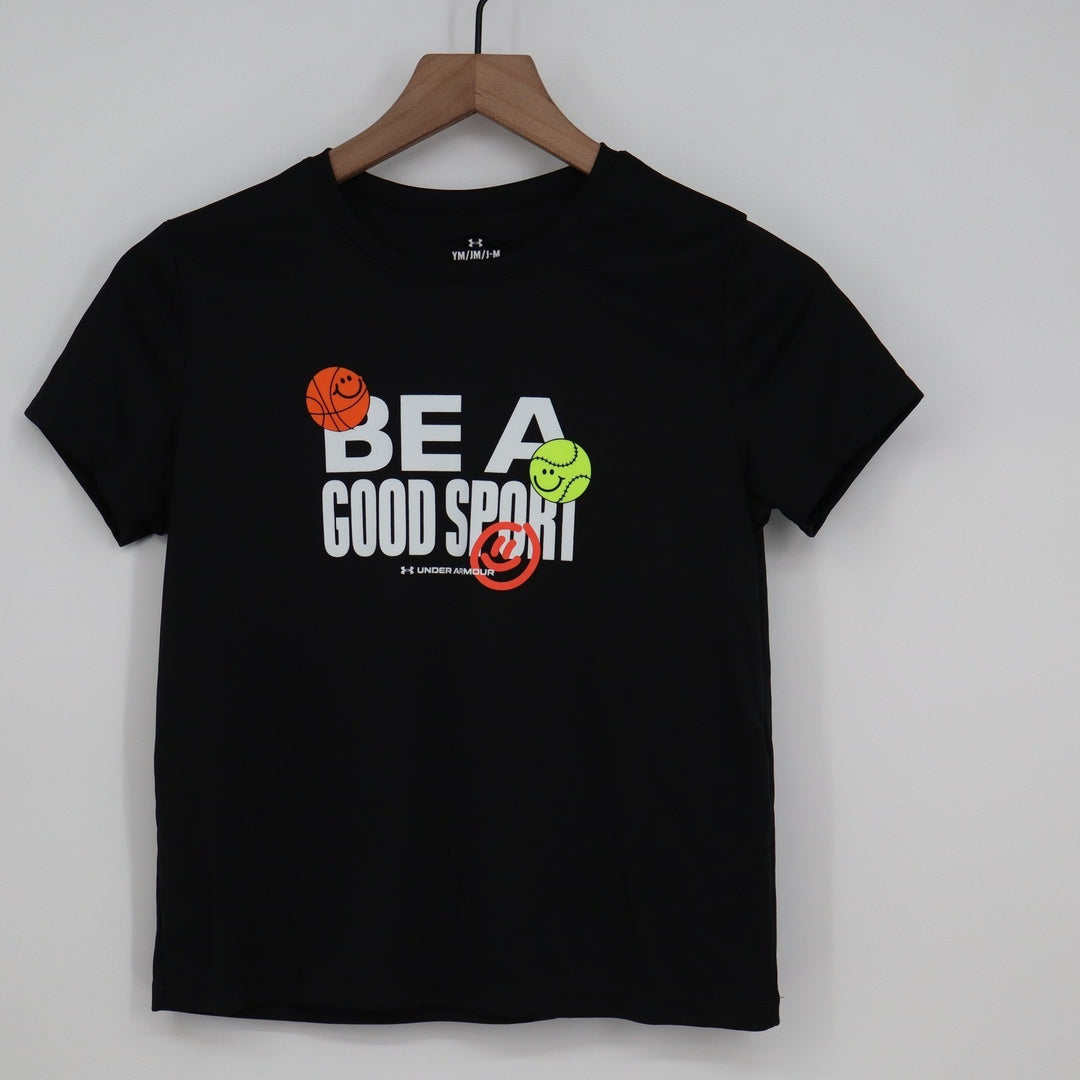 Under Armour Girls Be A Good Sport Tech Tee Black Graphic Shirt YM Medium
