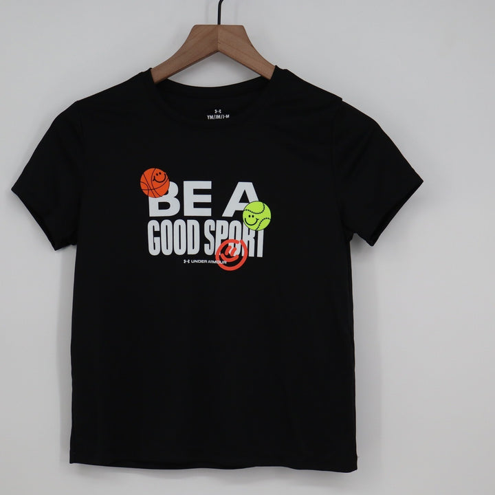 Under Armour Girls Be A Good Sport Tech Tee Black Graphic Shirt YM Medium