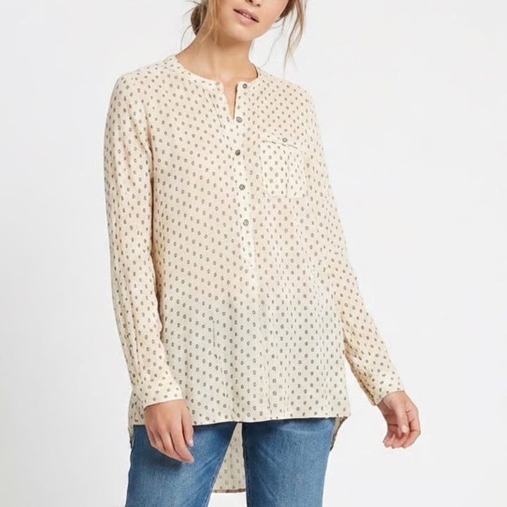 Free People Tunic Top Womens M Beige Printed Pleated High Low Hem Long Sleeve
