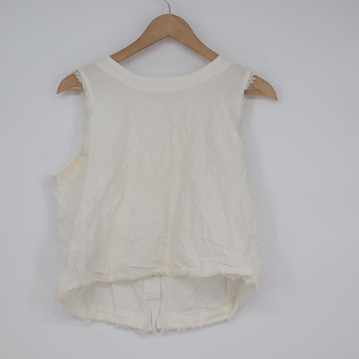 Harper Heritage White Linen Blend Button Back Frayed Crop Top L